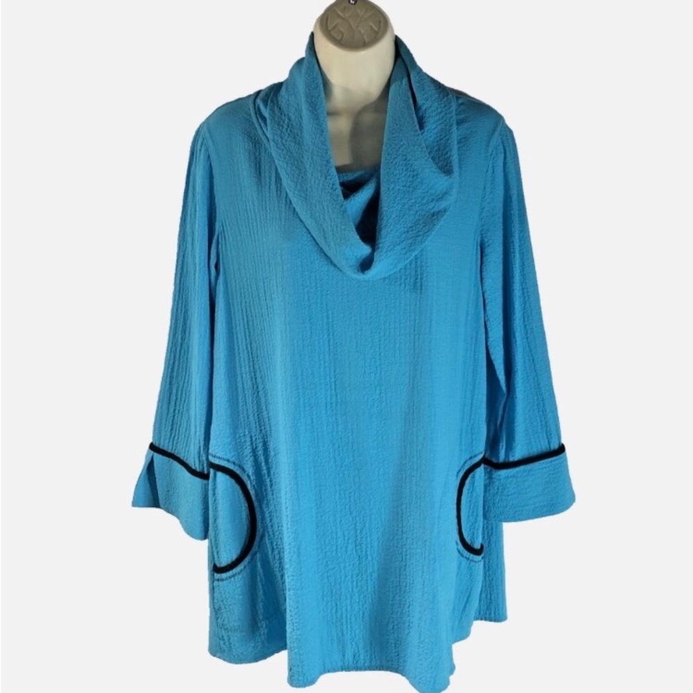 Ali Miles Top womens sz S Tunic Cowl Neck Turquoise Crinkle Pockets Loose Fit